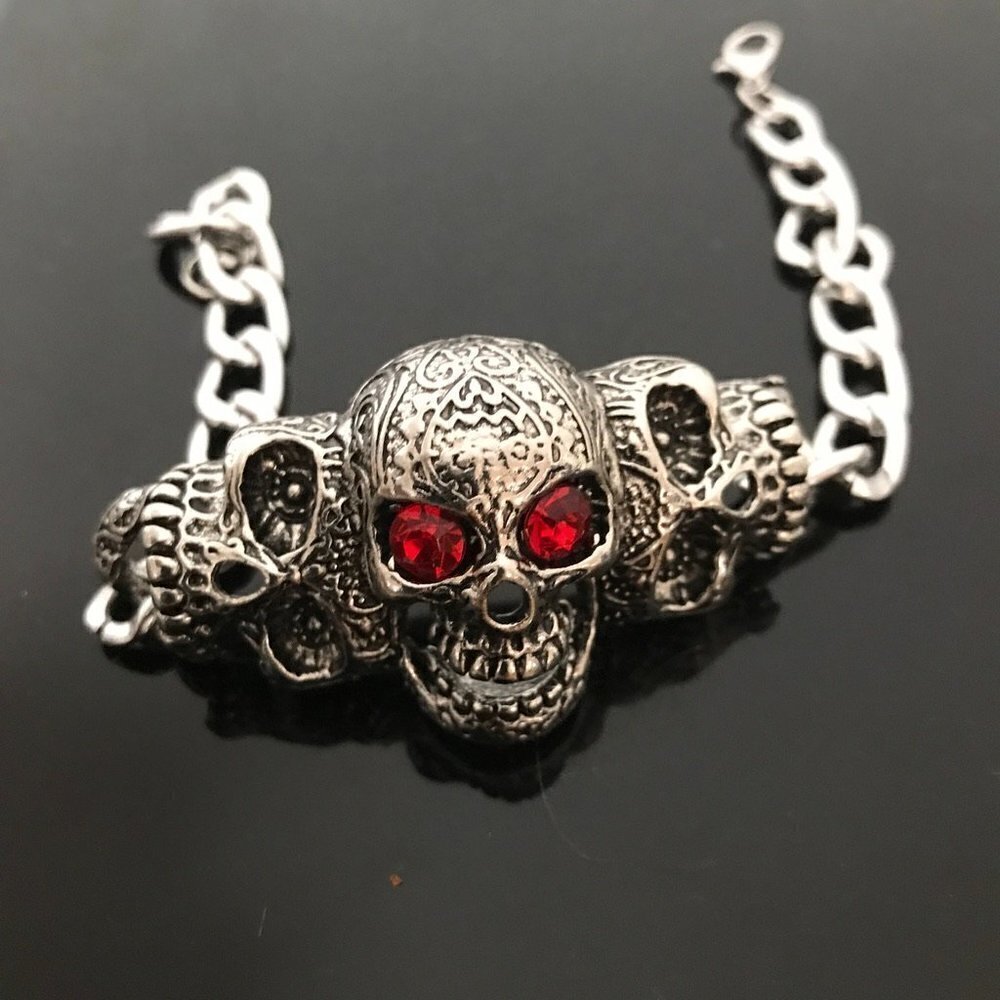 COPY - Skull  Bracelet Mens Biker Silver Rock Goth Moto Gothic Motorcycle Hallo… - Picture 3 of 6
